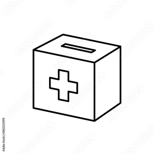 Donation box with red cross symbol for charitable contributions  