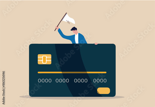 Credit card debt compromise, accept failure and negotiate with debtor concept, struggle bankruptcy man surrender carry and waving the white flag behind big credit card debt.