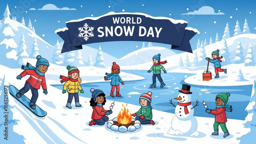 Diverse children enjoying winter activities on world snow day with snowman and campfire in snowy landscape