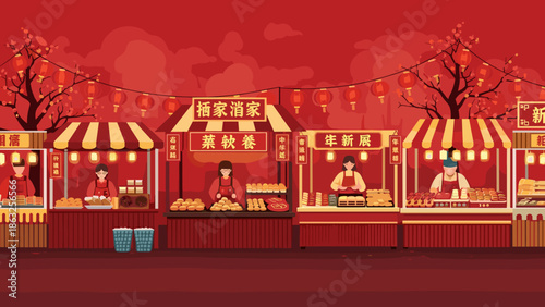 Festive Lunar New Year Street Market Stalls with Traditional Chinese Architecture and Red Lanterns