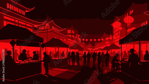Atmospheric Silhouette of a Bustling Lunar New Year Night Market in Striking Red Tones