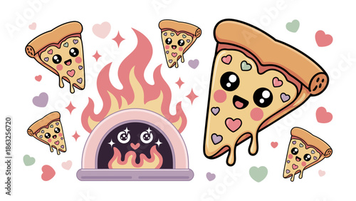 Pizza Perfection: A whimsical illustration showcases delightful pizza slices radiating love and warmth around a charming oven, each element radiating charm.