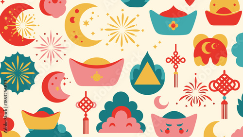 Playful and vibrant Lunar New Year seamless pattern featuring various auspicious elements like moons, fireworks, gold ingots, and decorative knots in bright, pastel colors.