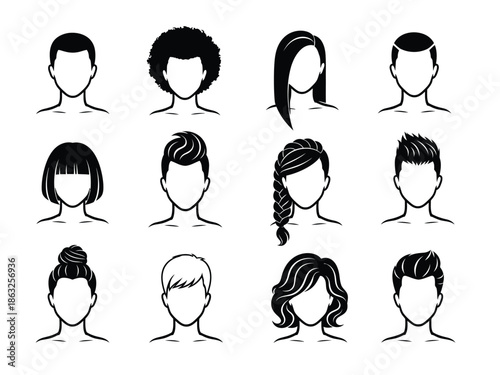 Diverse collection of black and white hairstyle icons for design and illustration