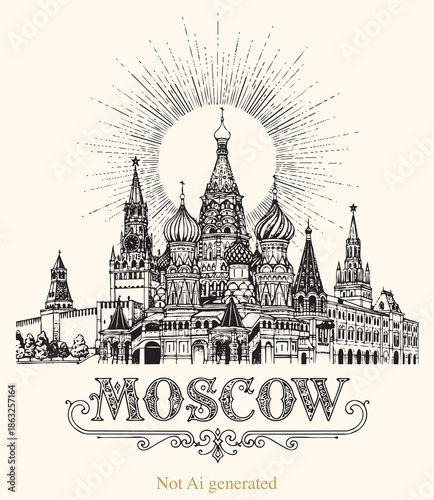 This vintage-style architectural vector features a detailed, hand-drawn skyline of Moscow. Centered around the iconic onion domes of Saint Basil's Cathedral and the Kremlin towers