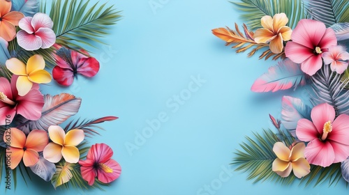 Detailed tropical floral border with pink flowers, green leaves , and a blue and yellow parrot perched within the foliage, against a clean white background.