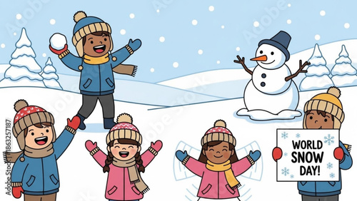 Group of happy children celebrating world snow day together in winter landscape with snowman