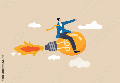 Creative new idea, innovation start up business or inspiration to achieve success goal concept, happy smart businessman leader riding flying bright lightbulb lamp with rocket booster in the cloud sky.