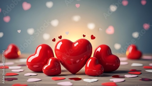 Romantic love background with red hearts and confetti for valentine's day