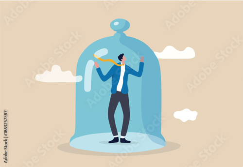 Business stagnation with no growth, obstacle or limitation in career development, punishment with no freedom in business concept, depressed businessman imprison or covered in small glass dome.
