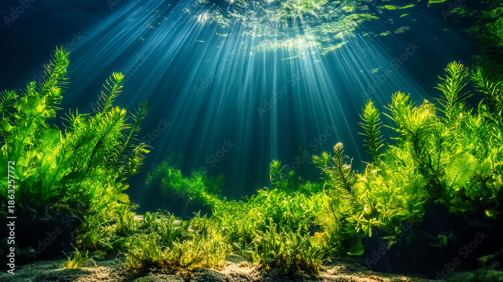 Obraz premium Seaweed on bottom in shallow clear sea water