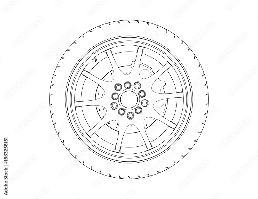 Obraz premium Detailed Automotive Car Wheel and Tire Technical Blueprint Diagram: Monochrome Wireframe Schematic Vector Illustration for Mechanical Engineering, Auto Mechanics, Vehicle Maintenance Outline Drawing