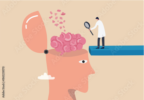 Amnesia losing memory, brain dementia, alzheimer disease, mental illness, thinking or remember disorder, psychology or anxiety concept, doctor with magnifying glass analyze amnesia patient brain.