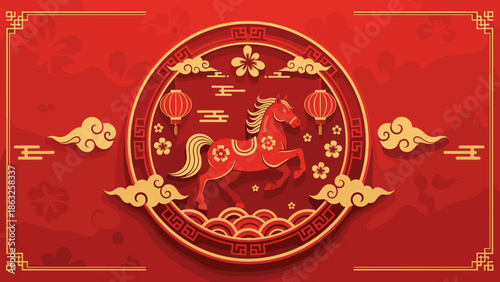 Elegant paper-cut style red horse with traditional gold details, clouds, and lanterns for Chinese Lunar New Year.