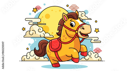 Adorable cartoon horse in vibrant yellow, leaping playfully with moon and stars, Year of the Horse design.
