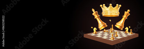 3d golden Crown with chess piece king, queen and chessboard with pawn, knight, bishop. Stock vector illustration on black isolated background.