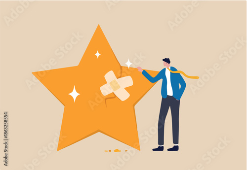 Reputation management, customer experience or rating, crisis management to repair or fix customer trust problem, credit score or satisfaction concept, businessman fix broken rating star with bandage