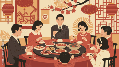 Vintage-Style Chinese Lunar New Year Family Dinner Gathering with Traditional and Formal Attire Illustration