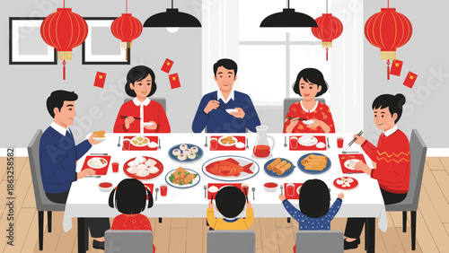 Flat Design Illustration of Chinese Lunar New Year Family Dinner with Red Envelopes and Lanterns