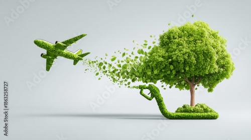 Green airplane flying from tree with leaves