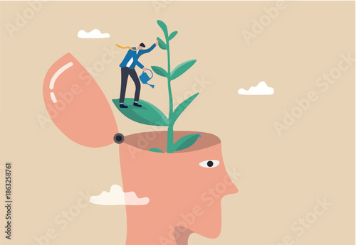 Self improvement, personal development or growth mindset, motivation to grow and achieve career success, learning new skill or knowledge concept, businessman watering plant growing from his self head.