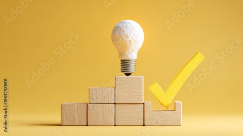 Light bulb on stair blocks with check mark
