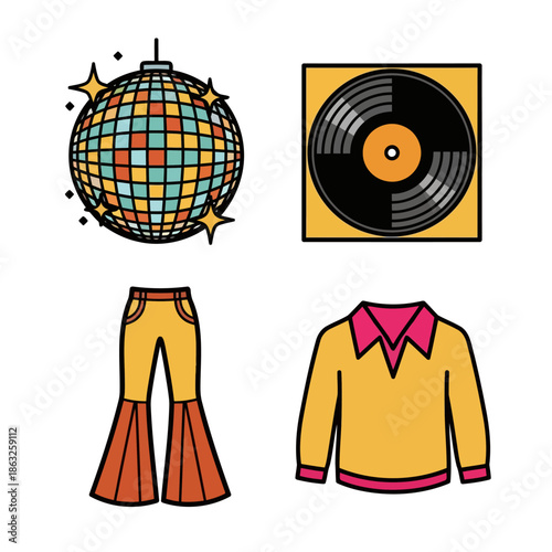 Retro Disco Era Icon Set with Vinyl Record, Disco Ball, and 70s Fashion