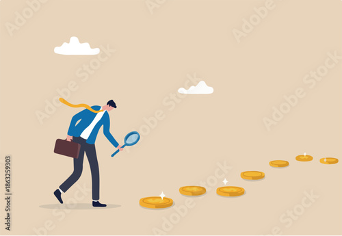 Searching for investment opportunity, financial success or salary raise, inspect way to make profit and earning concept, curios businessman with magnifier inspect and follow money coins trail. 