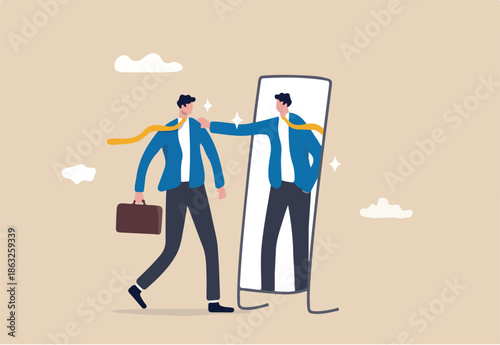 Self esteem or self care, believe in yourself improving confident, respect in your strong attitude concept, frustrated businessman looking at mirror with his shadow encourage his confidence.
