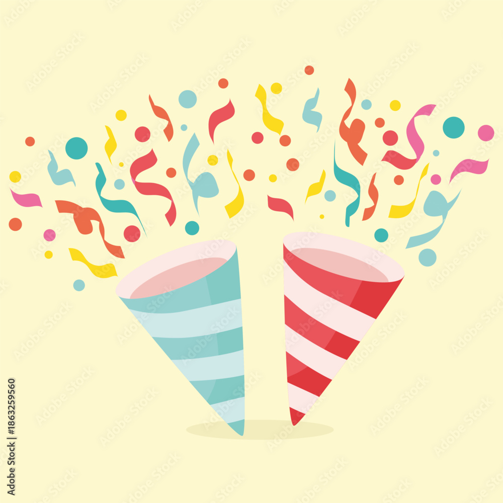 Obraz premium Party poppers exploding with vibrant confetti and streamers on a light background, symbolizing celebration and joy.
