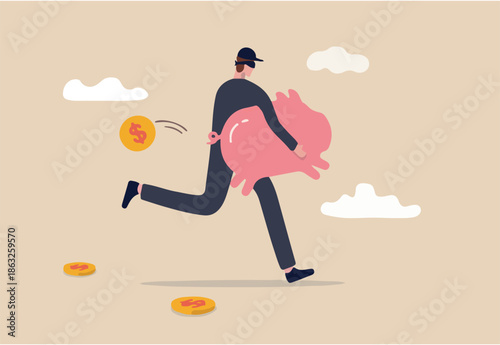 Financial crime, stealing money, investment risk or banking security concept, young man with black mask bandit costume or thief stealing or carrying wealthy piggy bank away with dollar coins falling.
