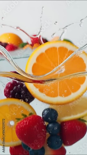 A vibrant splash of water and various fruits against a clean backdrop. The image captures the freshness and the zest for life