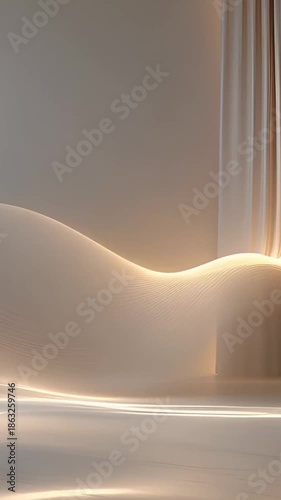 An elegant, minimalist interior scene with gentle lighting, creating a serene and sophisticated atmosphere. The image features soft curves, possibly representing a sofa.