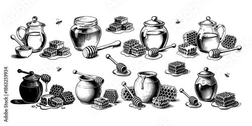Collection of hand-drawn honey jars, dippers, and honeycombs with bees in vintage engraving style on a white background, concept of organic food