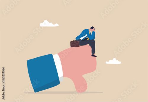 Demotivation from failure, mistake or negative feedback, no passion or burnout from exhausted work, mental breakdown or depression concept, sad stressed businessman sit on negative thumb down symbol.