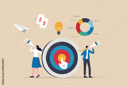 Marketing, advertising and customer communication, digital marketing or pr via social media to drive sales or brand awareness concept, businessman and woman announce marketing promotion with elements.