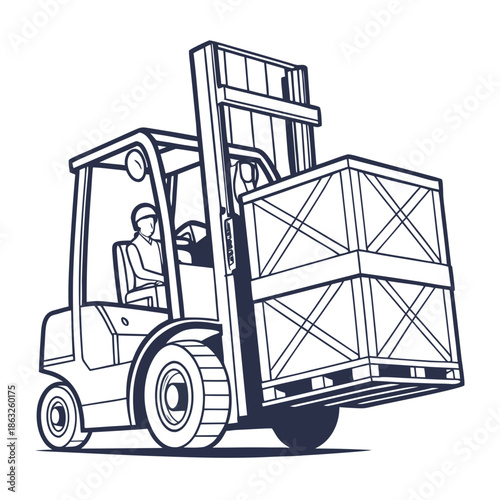 Worker operating forklift with crate