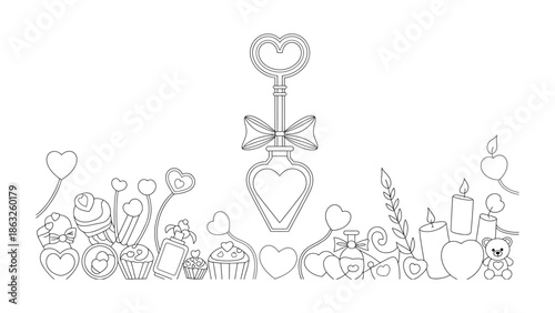 Love and romance: A romantic design featuring a key and a bottle with hearts and candles, symbolizing the essence of love and romance, conveying a feeling of love and tenderness.