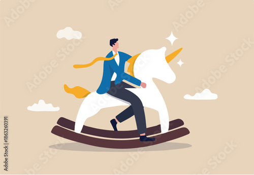 Unicorn start up, winner creative idea to earn money and make profit in real life concept, smart success businessman company founder or billionaire investor riding unicorn rocking horse into the sky. 