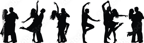Collection of dancing couple silhouettes showing romance, passion, rhythm, love, celebration, movement, music, nightlife energy, and stylish social dance poses