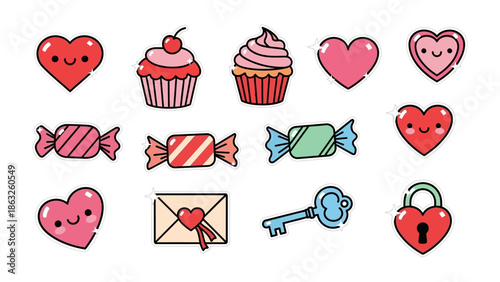 Love's Sweet Treasures: A colorful assortment of hearts, cupcakes, candies, an envelope, a key, and a padlock symbolizing affection and heartfelt connections.