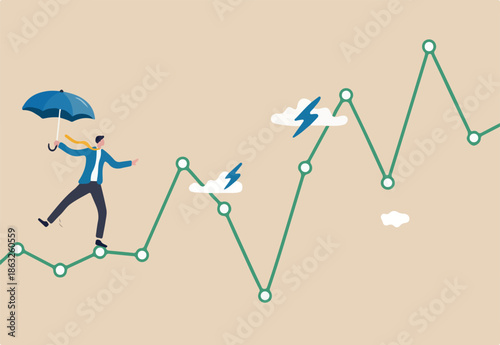 Risk and uncertainty, investment volatility or stock market and crypto currency fluctuation up and down, all weather strategy concept, businessman acrobat planning to walk on risky investment graph