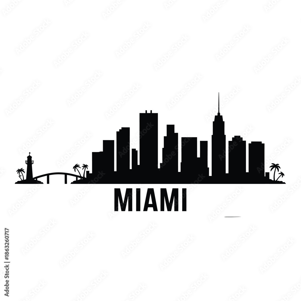 Fototapeta premium Black silhouette of miami city skyline with palm trees and bridge