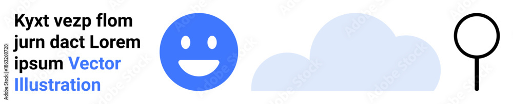 Fototapeta premium Emotion, weather, search, online content, conceptual design, minimalism. A blue happy face, cloud and magnifying glass near placeholder text. Emotion and search concepts for web design and content