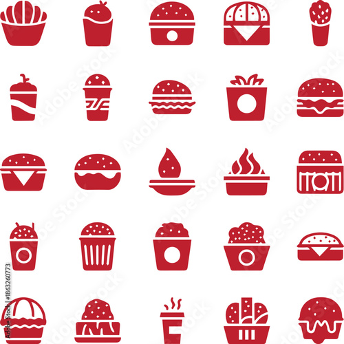 A cute cartoon set of fast food icons and labels featuring a vector collection of sweet birthday bakery desserts like chocolate cupcakes, muffins, and cherry pastry cream for a party design