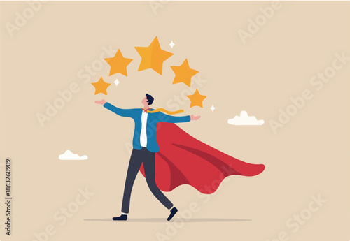 5 stars expert, excellence or great service, quality and good reputation professional, award winning or best rating concept, businessman superhero carrying big golden customer 5 stars rating feedback.