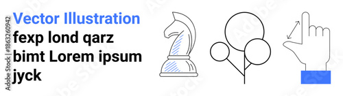 Strategy, decision-making, creativity, innovation, leadership, growth concepts. Chess knight, circular shapes and hand gesture with arrows. Strategy and decision-making portrayed through symbols