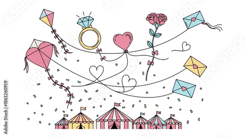 Wedding Festivities: An abstract, cheerful illustration of wedding symbols, including kites, ring, heart, roses, letters, confetti, and tents.