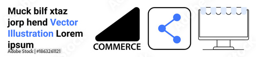 Business development, digital marketing, technology tools, e-commerce, communication networks, professional services. Abstract icons including a triangle labeled commerce, a share symbol