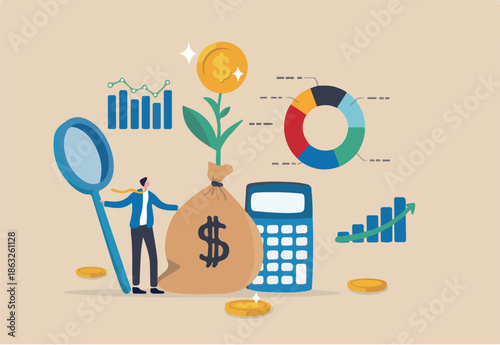 Financial management, planning and control financial resources to maximize profit and revenue, capital, credit and cash management concept, businessman analyze financial resource with growth profit.